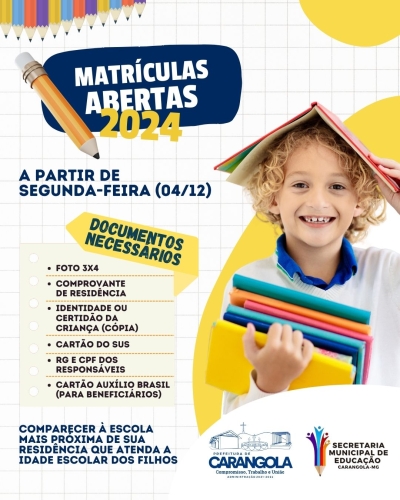 MATRÍCULAS PARA A REDE MUNICIPAL DE EDUCAÇÃO SE INICIAM NO PRÓXIMO DIA 04/12